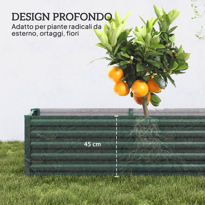 Open Bottom Vegetable Garden Bed with Rounded Edges in Galvanized Steel, 240x40x45 cm, Green