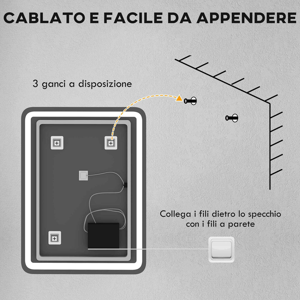 HOMCOM LED Touch Bathroom Mirror with Dimmable Light, 3 Temperatures and Anti-Fog, 60x80 cm
