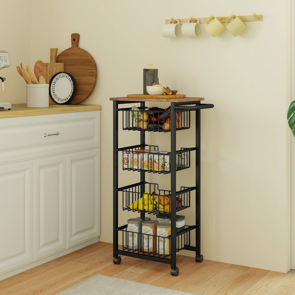 Kitchen Trolley with 4 Pull-Out Baskets, Wheels and Brakes, Steel and Wood, 49.5x31x91 cm, Oak