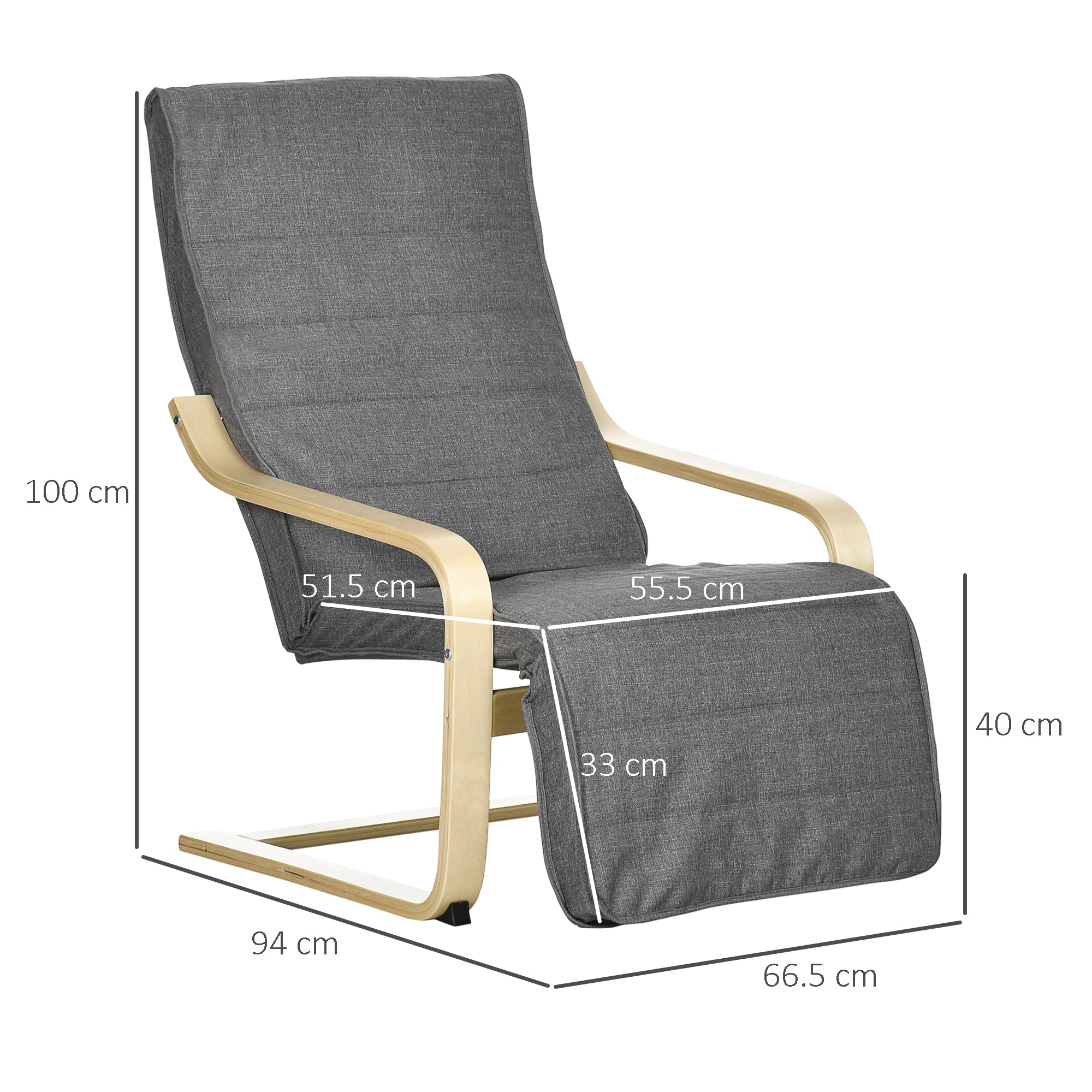 Homcom Relax armchair with 5 -level footrests and birch wood and fabric farm, gray - Borgè