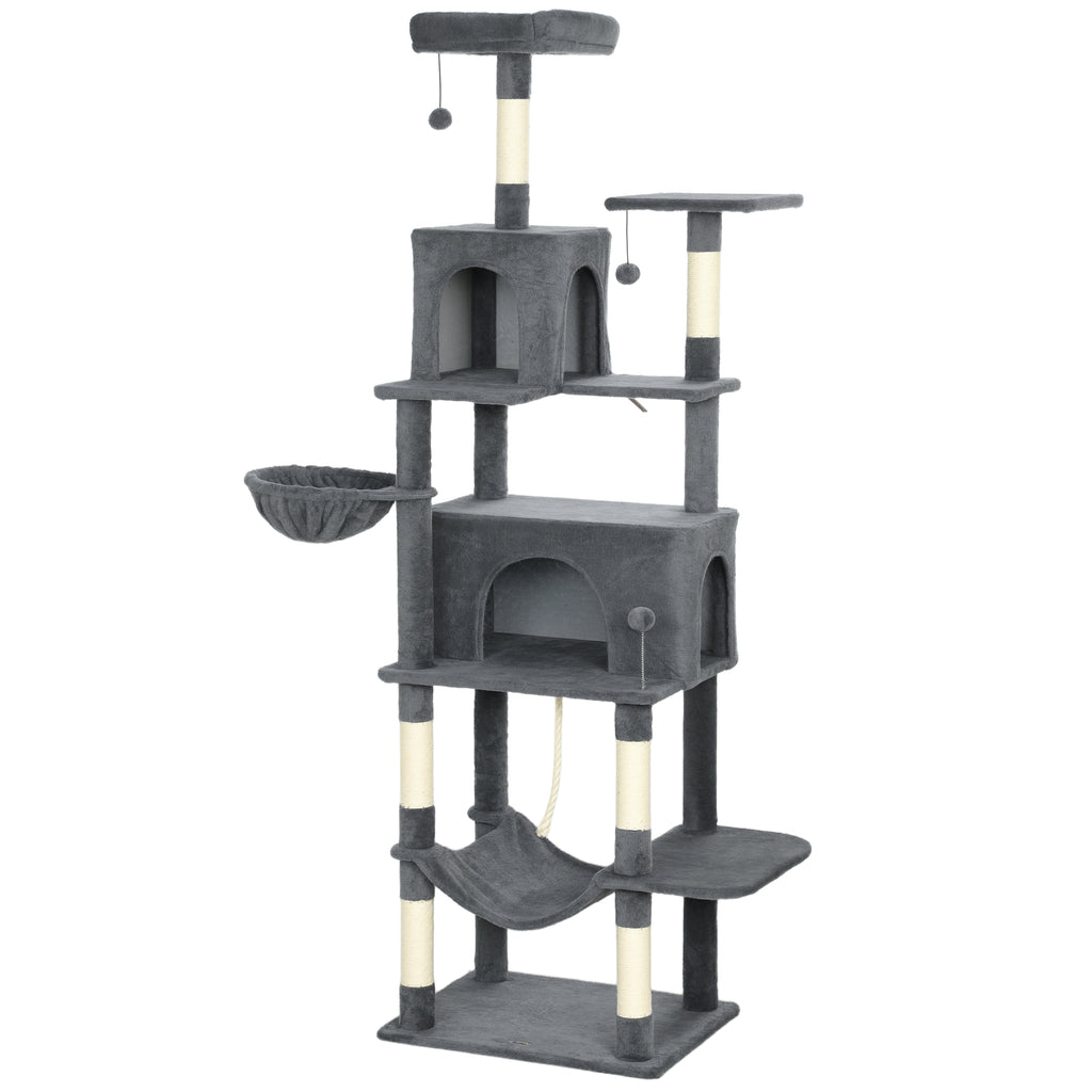 Cat Tree, 202 cm Tall, with 6 Sisal Posts, 2 Houses, 2 Hammocks and a Bed, Grey