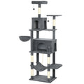 Cat Tree, 202 cm Tall, with 6 Sisal Posts, 2 Houses, 2 Hammocks and a Bed, Grey