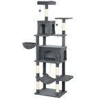 Cat Tree, 202 cm Tall, with 6 Sisal Posts, 2 Houses, 2 Hammocks and a Bed, Grey