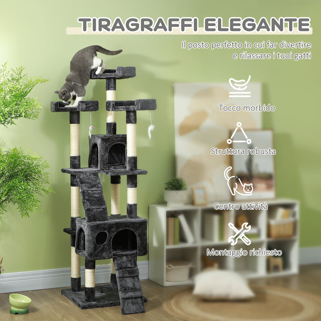 Cat Scratching Tree with 3 Perches, 2 Houses and Hanging Toys, Made of Wood and Plush, 49x49x173 cm, Grey