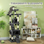 Cat Scratching Tree with 3 Perches, 2 Houses and Hanging Toys, Made of Wood and Plush, 49x49x173 cm, Grey