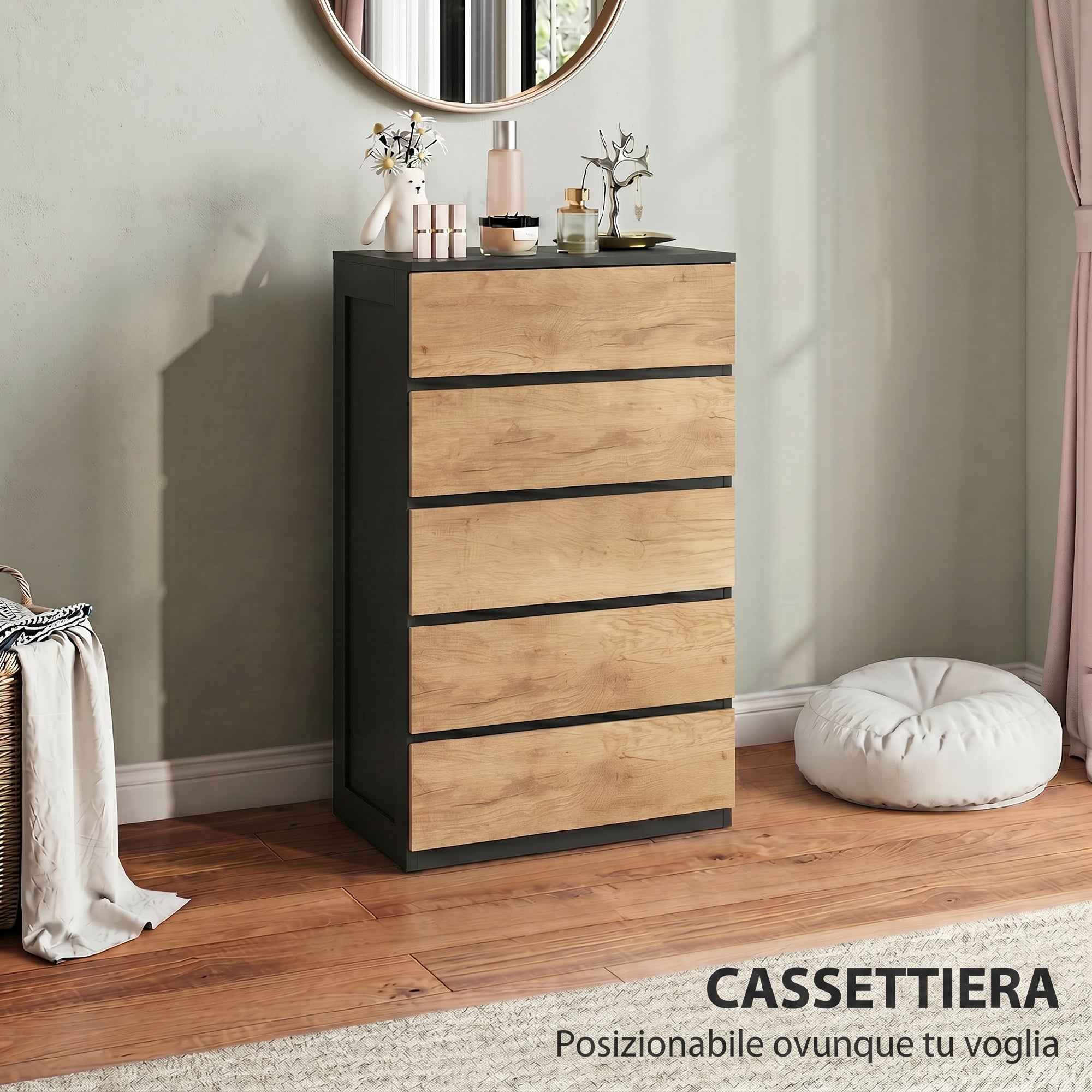 HOMCOM 5-Drawer Wooden Chest of Drawers with Metal Rails and Grooved Handles, 60x39x100 cm, Black and Oak