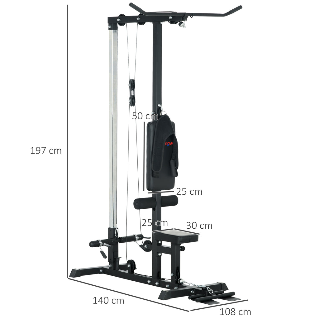 SPORTNOW Multifunctional Fitness Station with Lat Machine, Adjustable Seat and Disc Holder, Black