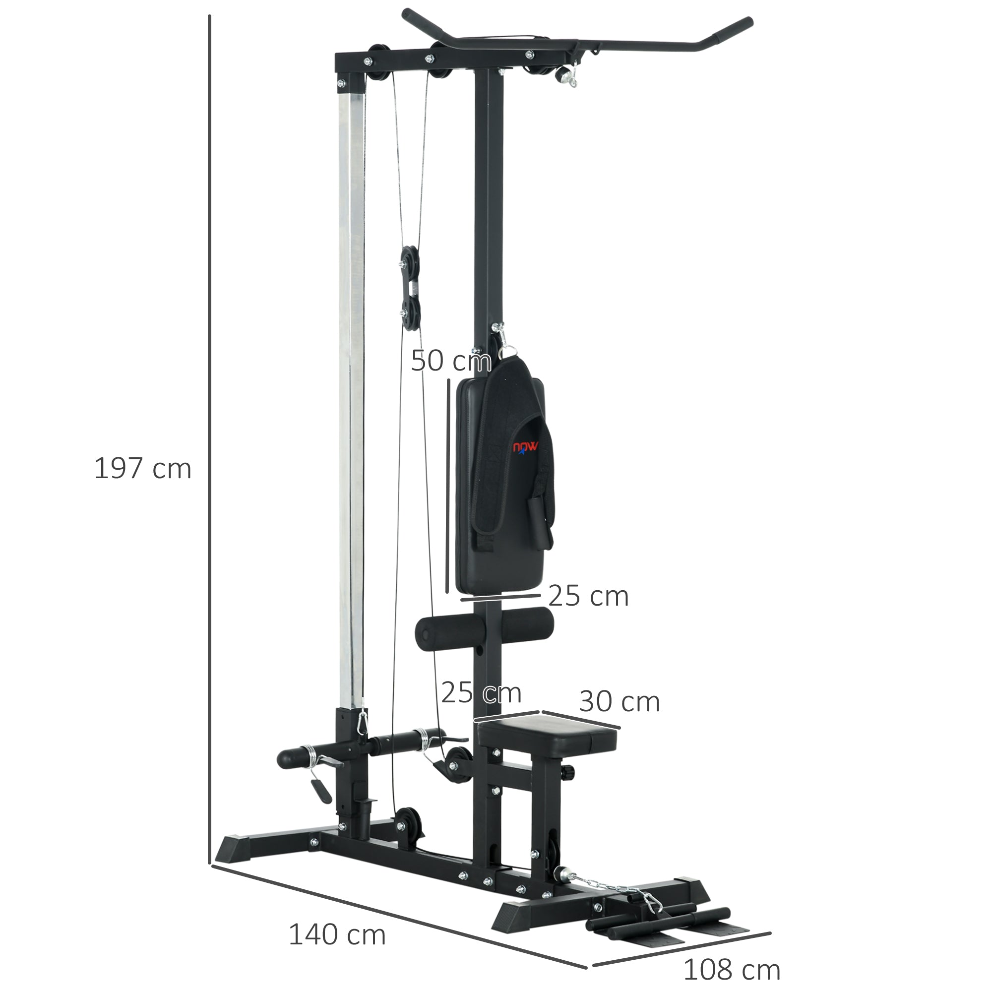SPORTNOW Multifunctional Fitness Station with Lat Machine, Adjustable Seat and Disc Holder, Black