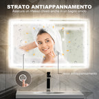 Bathroom Mirror with 3-Color Adjustable LED Lights and Anti-Shock Coating, Glass and Metal, 100x3x60 cm