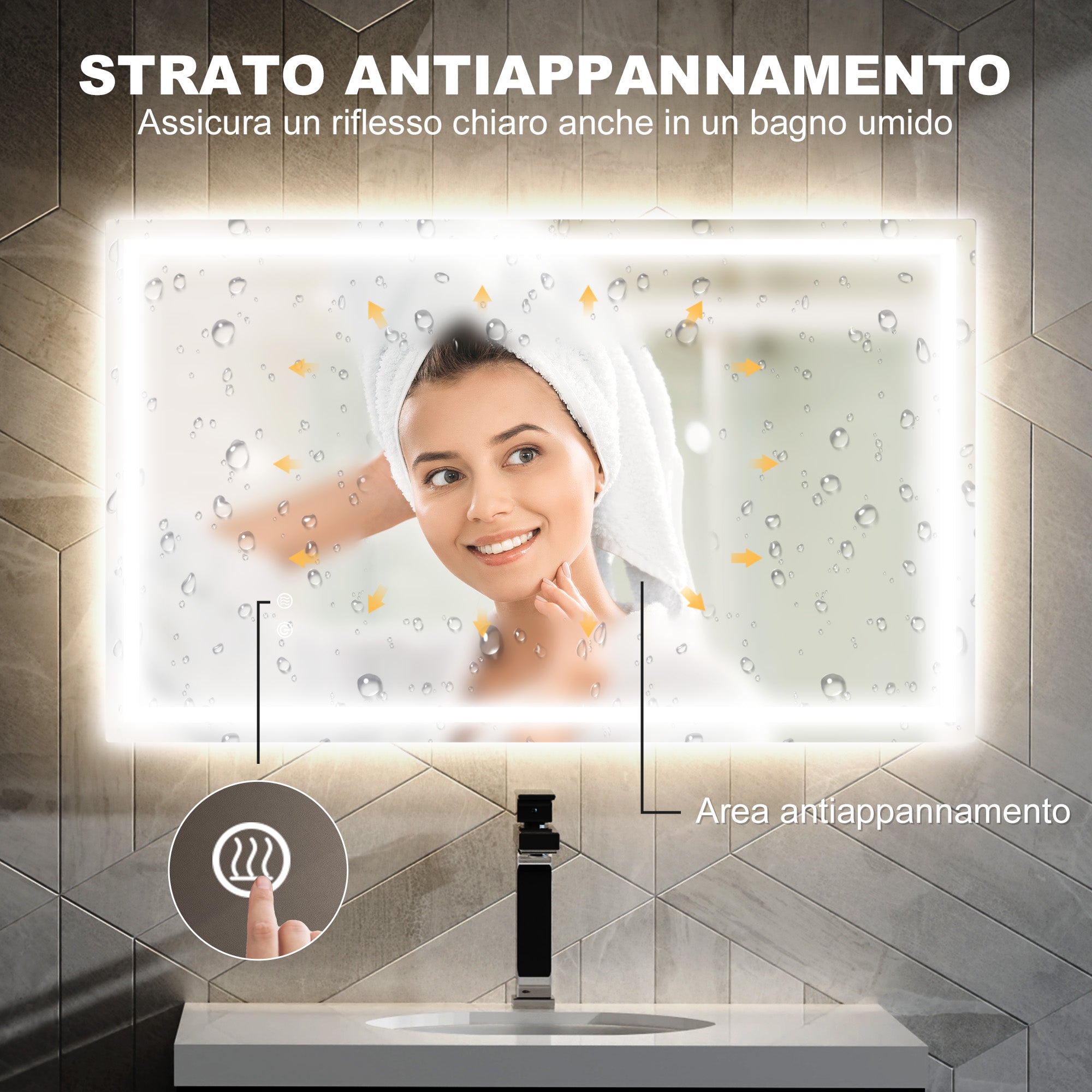 Bathroom Mirror with 3-Color Adjustable LED Lights and Anti-Shock Coating, Glass and Metal, 100x3x60 cm