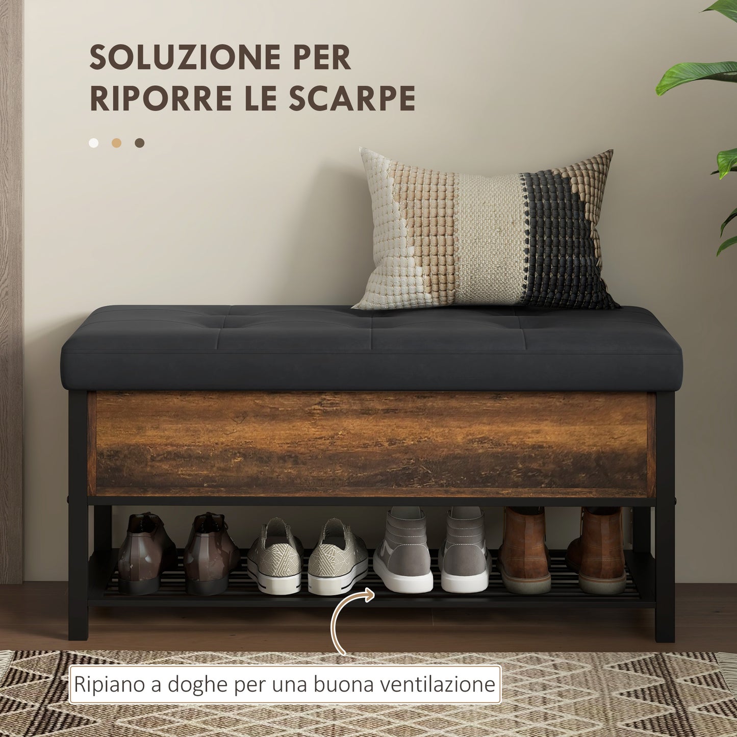 HOMCOM Industrial Entrance Shoe Bench with Hidden Shelf, in Chipboard and Steel, 100x40x50 cm, Brown and Black - Borgè