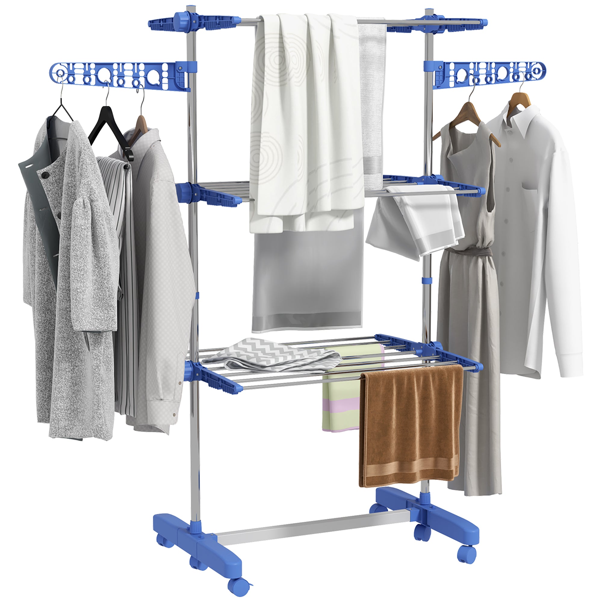 Vertical Drying Rack with 3 Adjustable Shelves, in Steel and Plastic, 142x55x152 cm, Blue and Silver