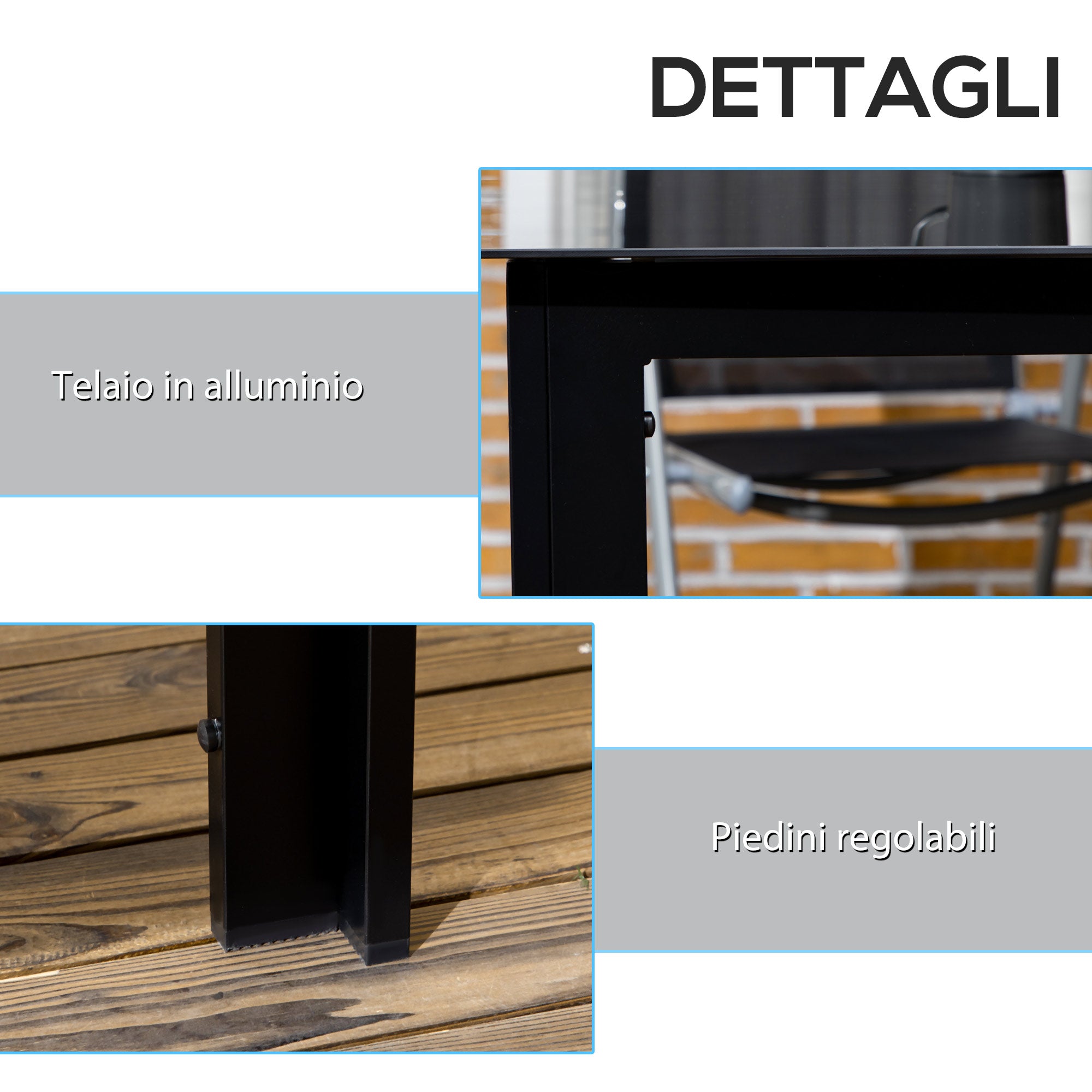 Outsunny Rectangular Garden Table for 6 People with Glass and Aluminum Top, 150x90 cm, Black