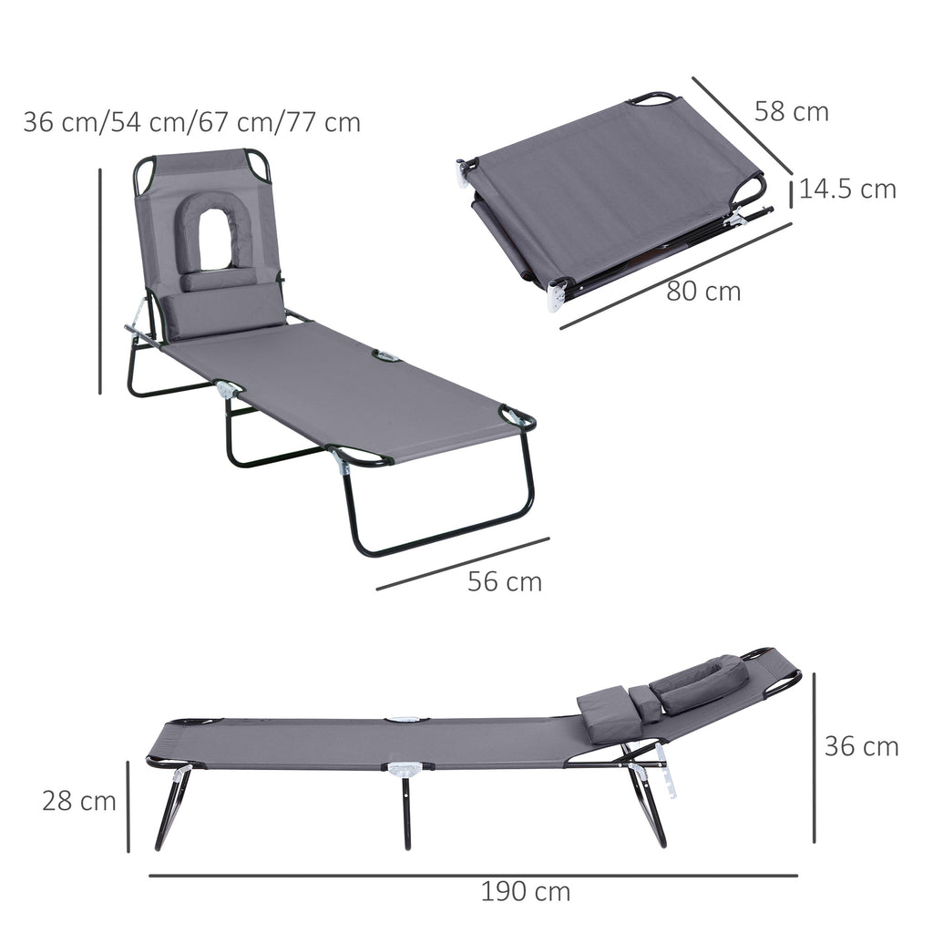 Outsunny Folding Outdoor Lounger with Face Hole and Cushions, Garden Sun Lounger, Beach and Camping, Grey