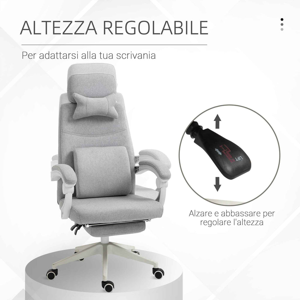 Vinsetto Ergonomic Office Chair, Desk Chair with Wheels, Lumbar Cushion, Removable Headrest and Footrest, Grey 62x68x117-127cm