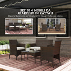 4 Piece Garden Set with 2 Seater Sofa, 2 Chairs and Coffee Table, in Rattan and Steel, Beige and Brown