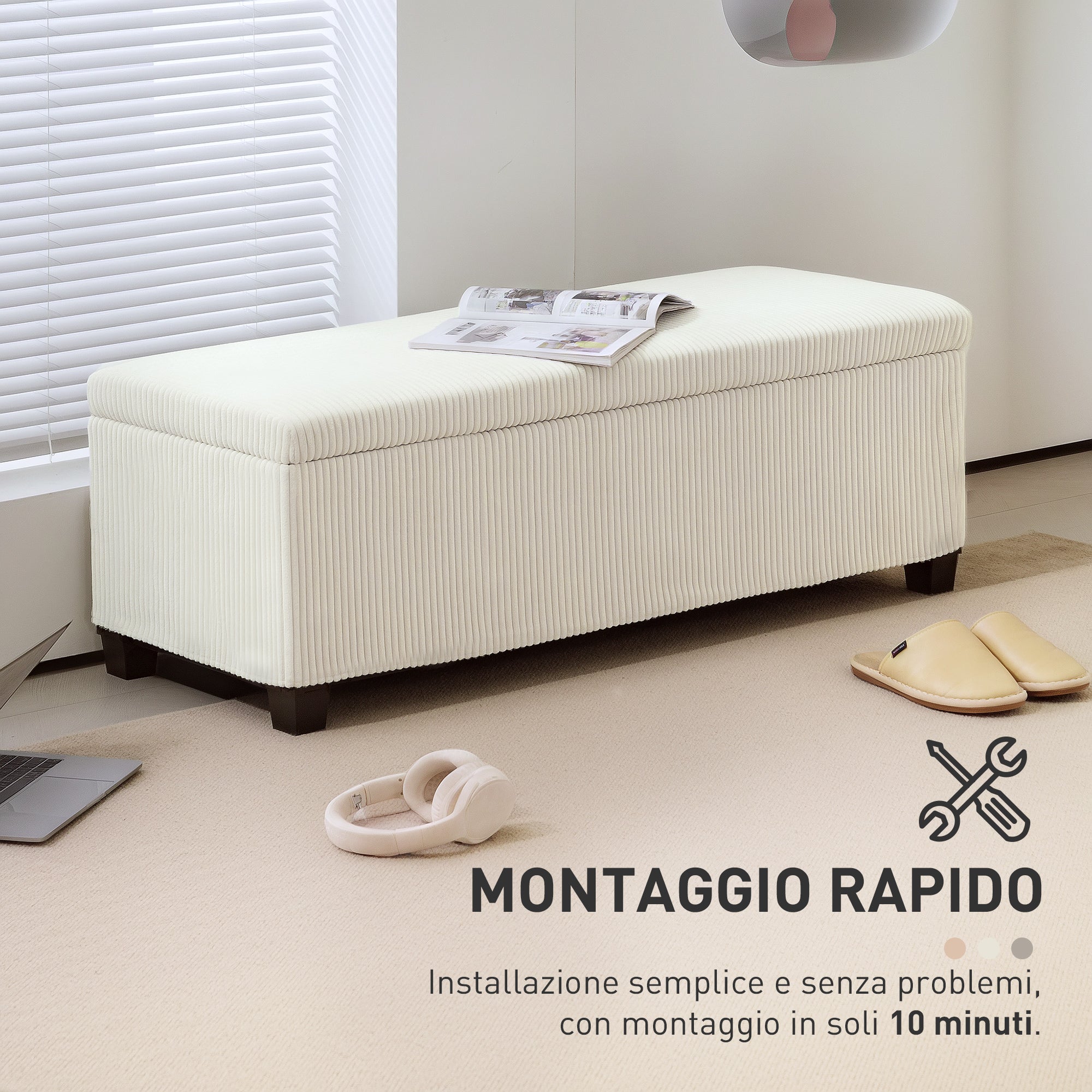 Bedside Bench with 84L Storage Space, Corduroy Effect Fabric and Steel, 112x42x40 cm, Beige