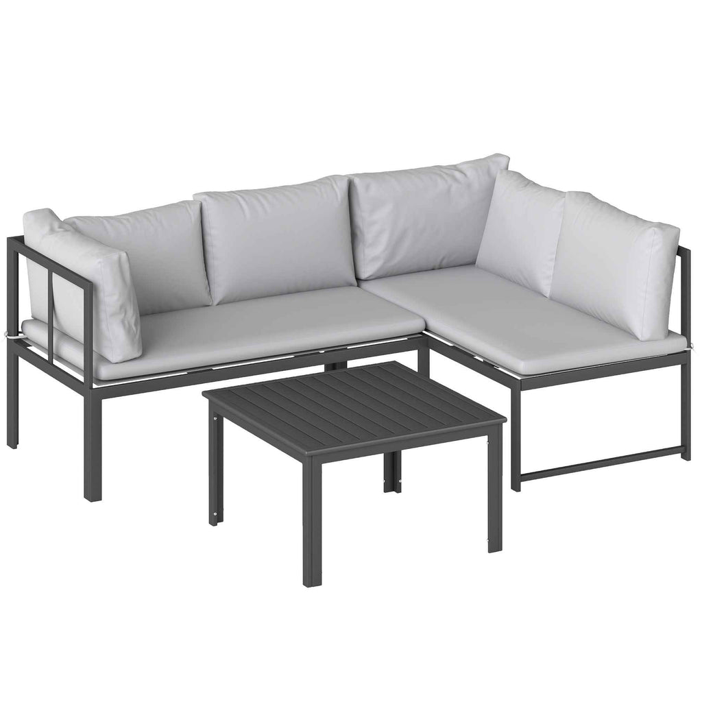 Outsunny 3-Piece Garden Set with 4-Seater Corner Sofa and Slatted Coffee Table, in Metal and Grey Polyester