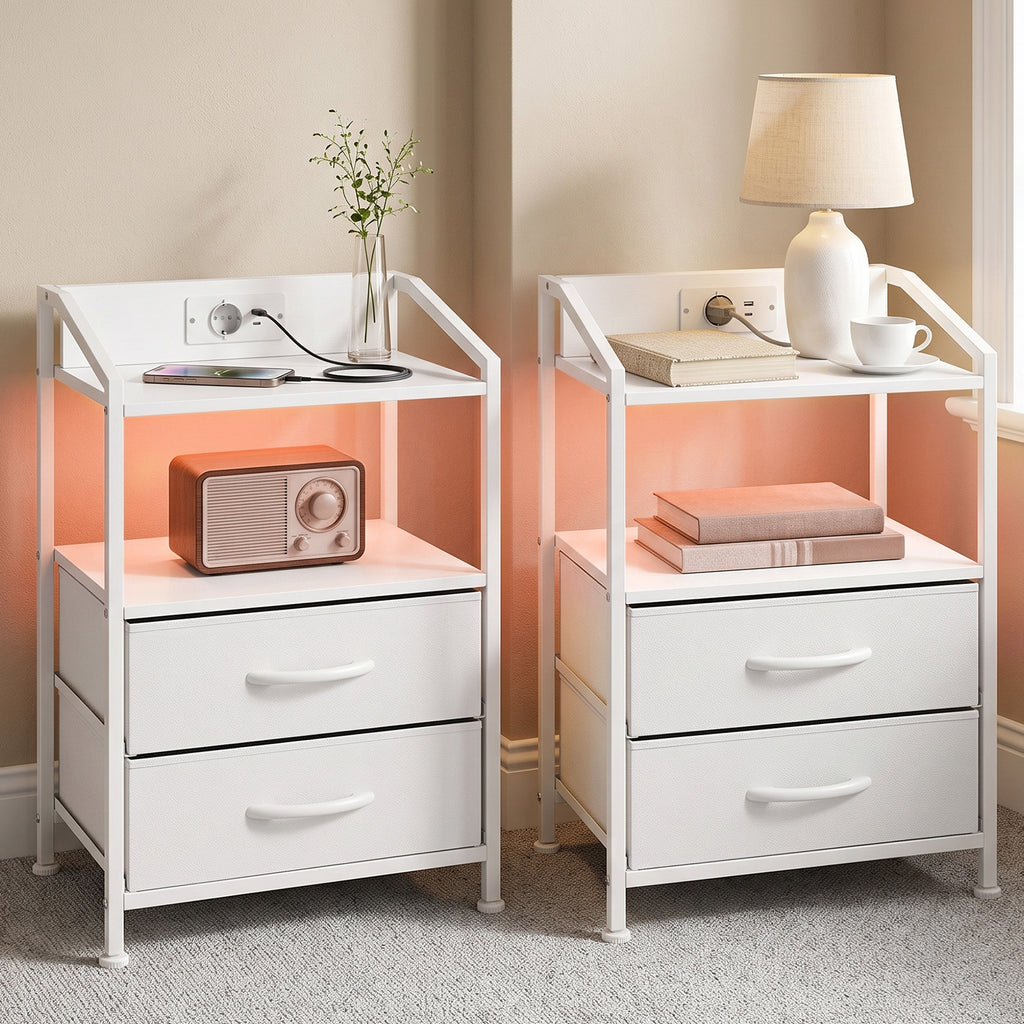HOMCOM Set of 2 Bedside Tables with LED Lights and Charging Station, 40x30x60 cm, White