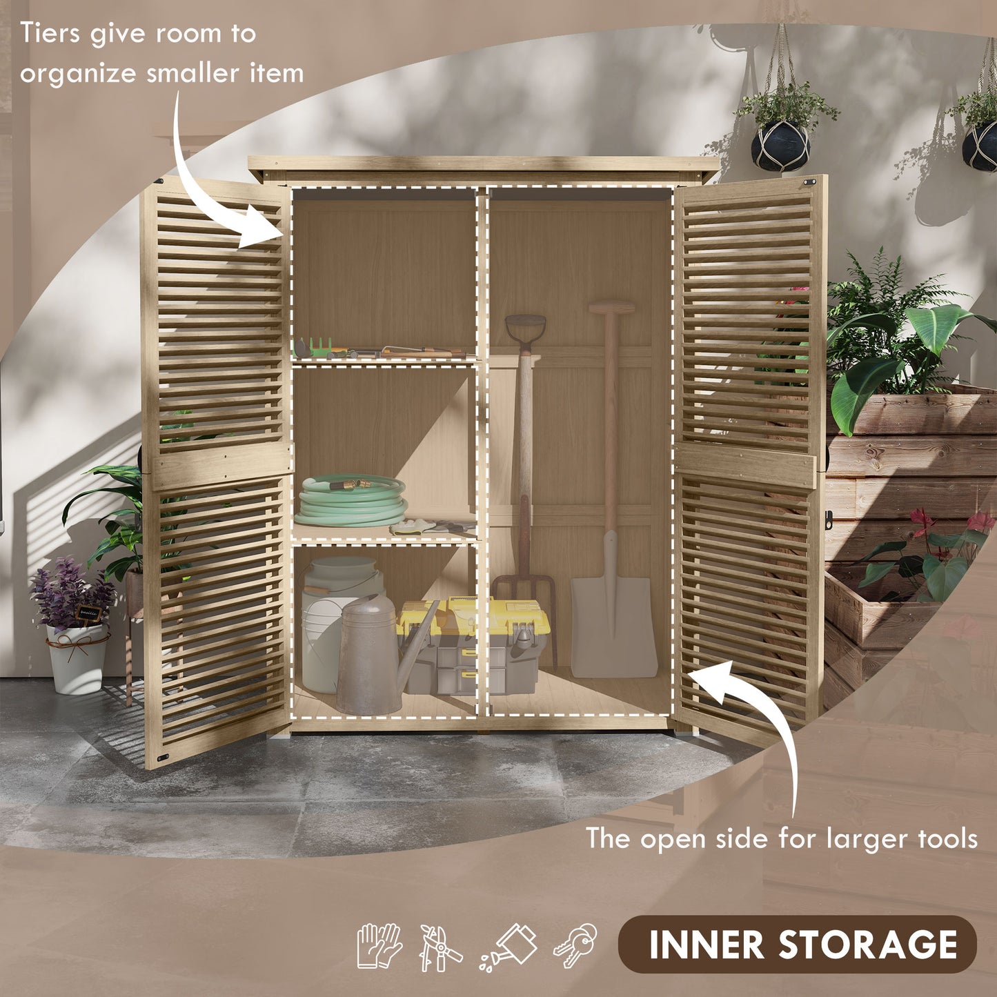 Outdoor Storage Cabinet with 2 Shelves with Pegs, in Fir Wood, 127x65x159.5/168 cm - Borgè