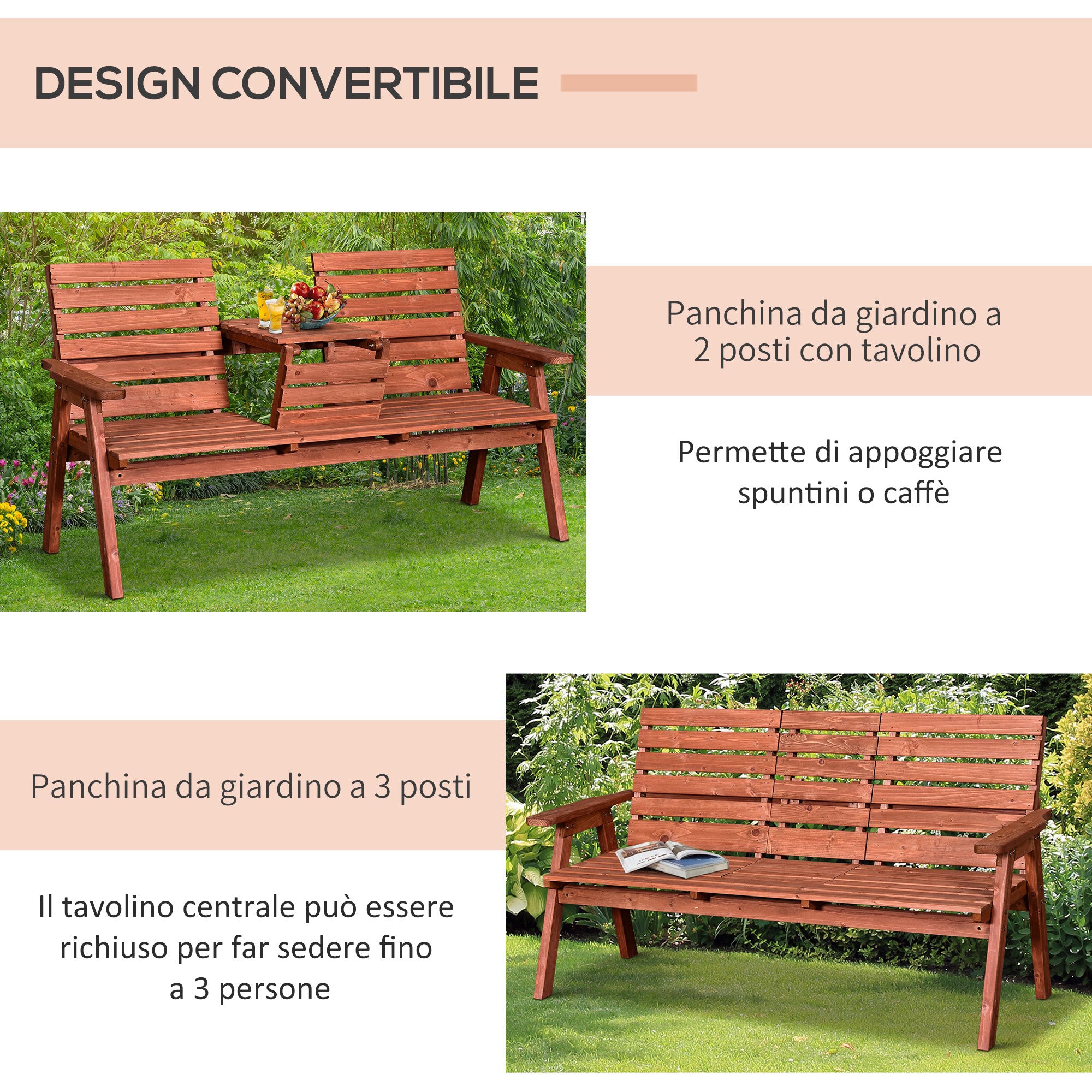 2 or 3-Seater Outdoor Bench in Fir Wood, Convertible Table in Seat, Waterproof, 160x68x92cm