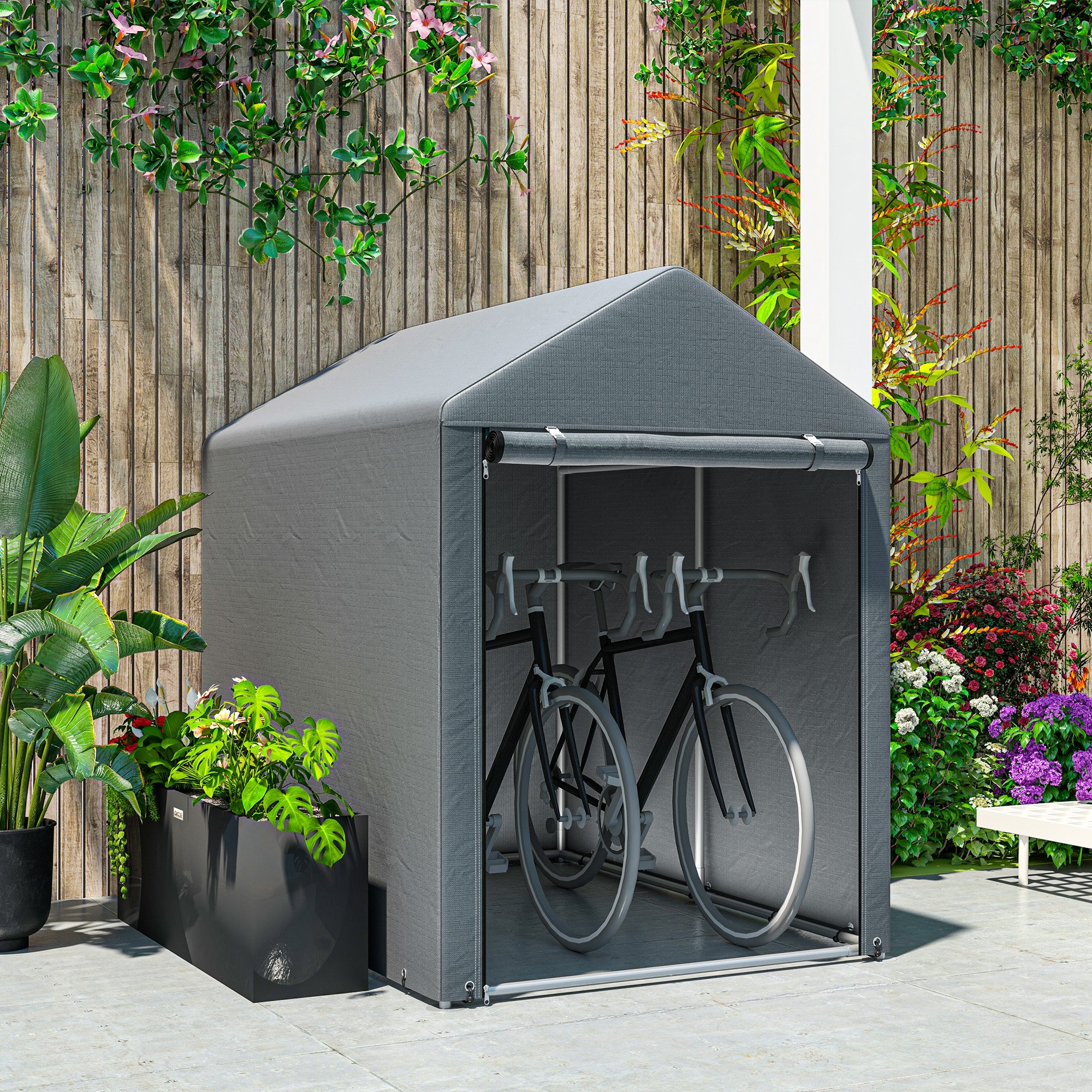 UV Protection Tool Shed with Zip Entrance, Galvanized Steel and PE Fabric, 120x179x165 cm, Dark Grey