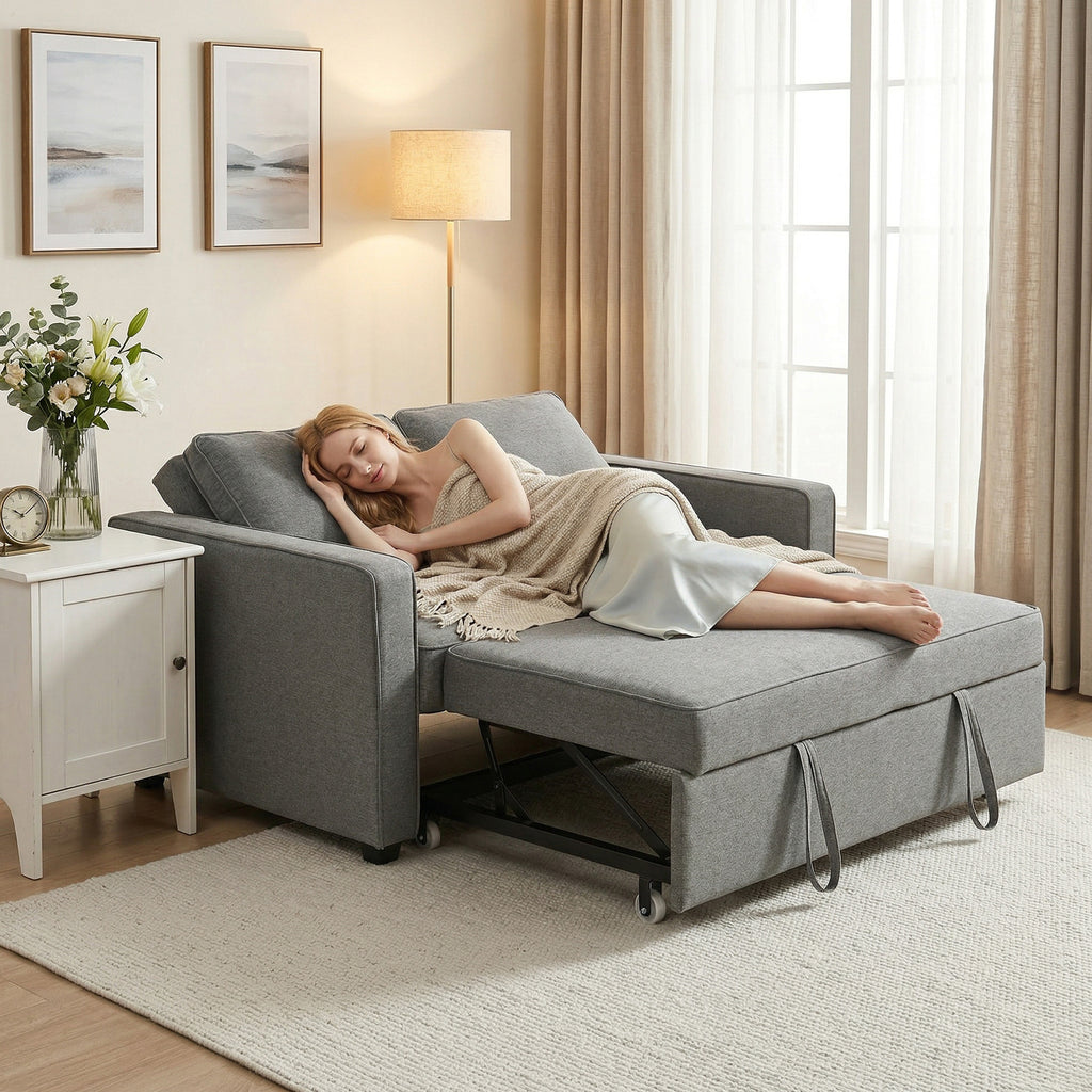 HOMCOM 3-in-1 2-Seater Sofa Bed with 3-Position Adjustable Backrest and 2 Cushions, Linen-Effect Fabric, Grey