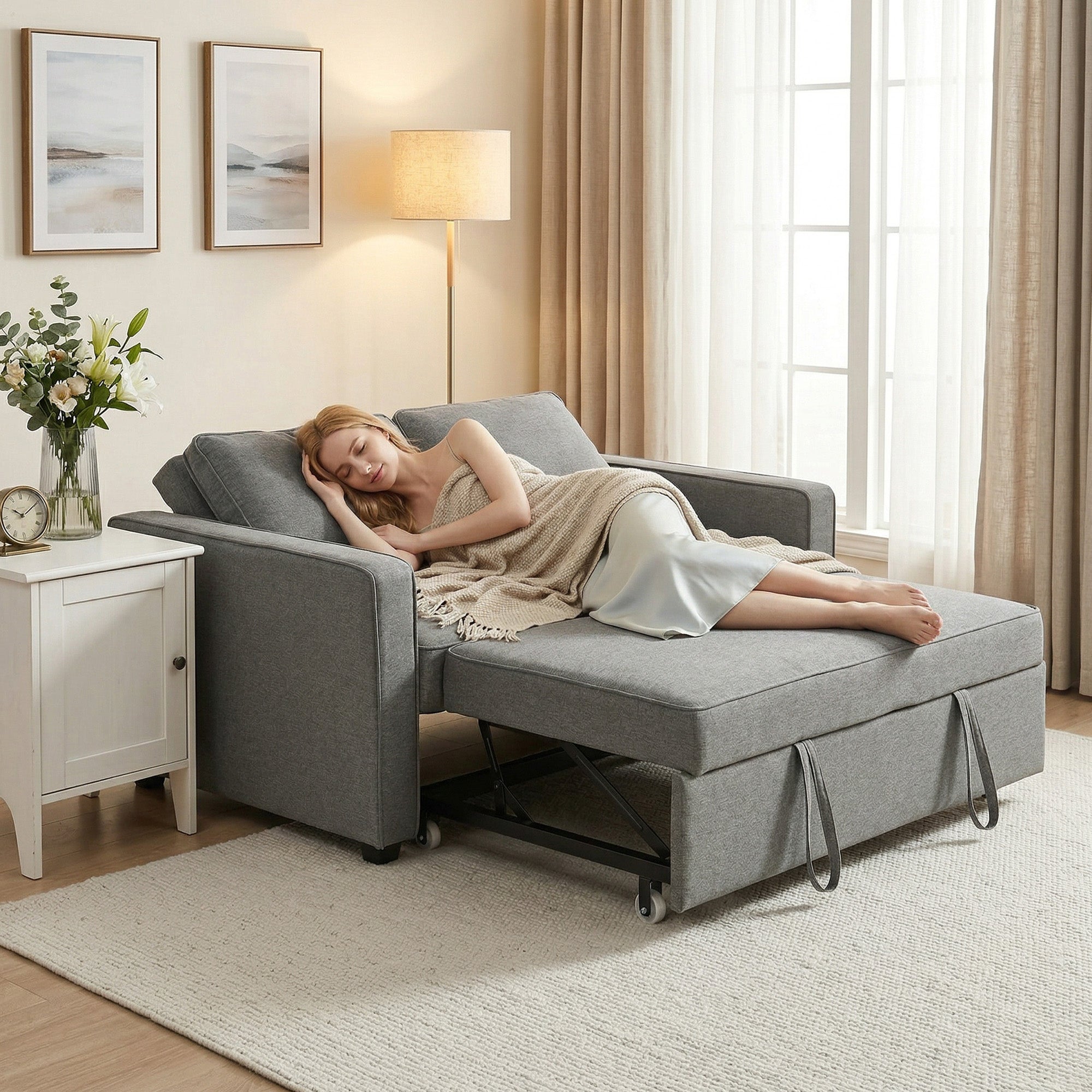 HOMCOM 3-in-1 2-Seater Sofa Bed with 3-Position Adjustable Backrest and 2 Cushions, Linen-Effect Fabric, Grey