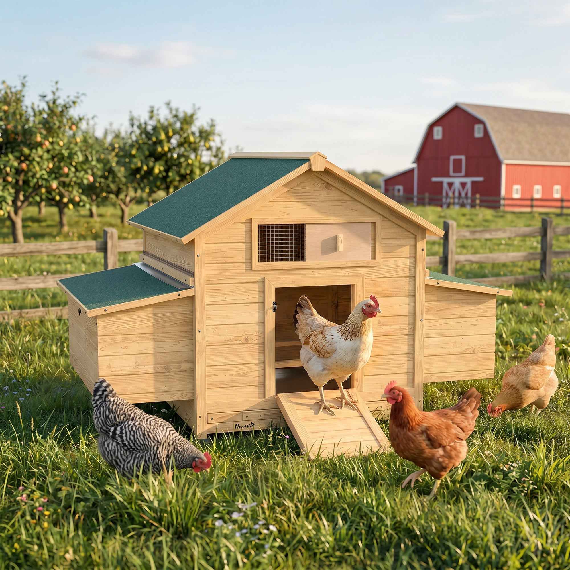 PawHut Wooden Chicken Coop, Waterproof Roof, 150x100x96.5cm, Yellow