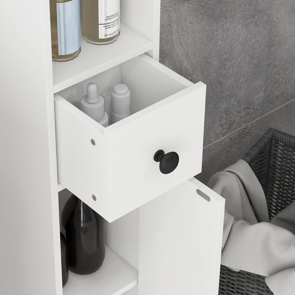 kleankin Bathroom Cabinet with Drawer, 2 Cabinets and 4 Open Shelves, Wooden, 20x20x180 cm, White
