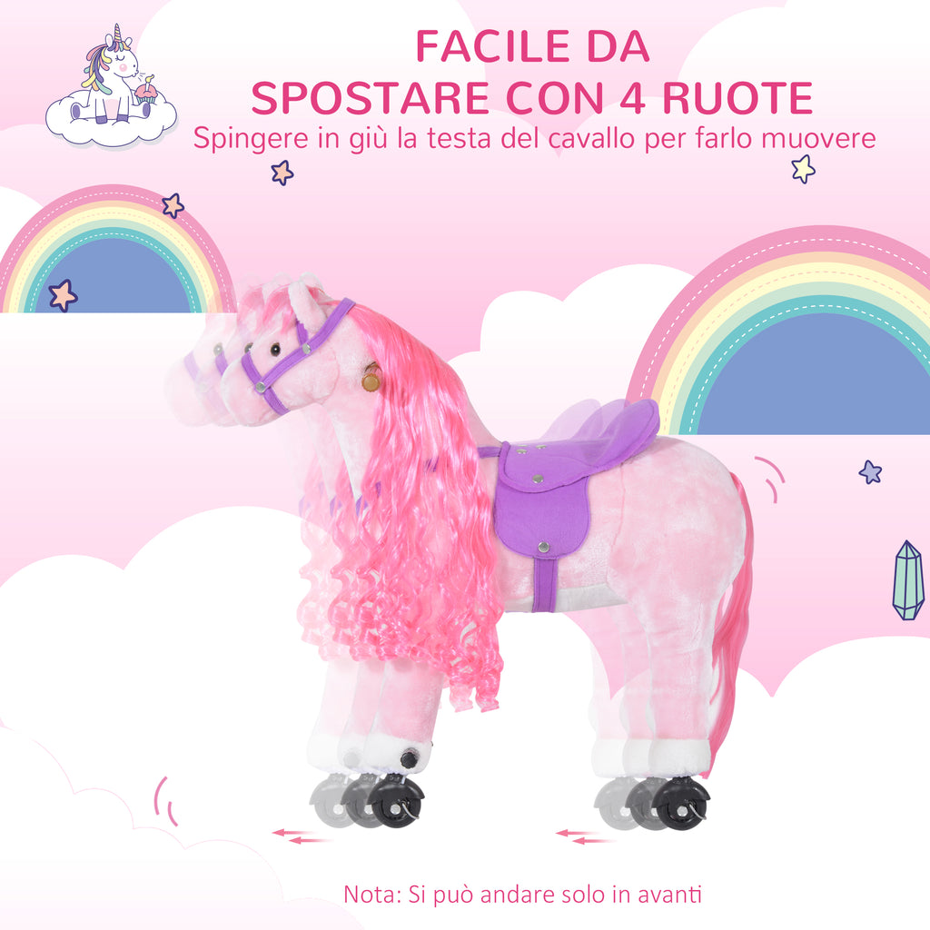 Rocking Horse for Children Ages 3+ with 4 Wheels, Realistic Sounds and Footrest, 65x28x75 cm, Pink
