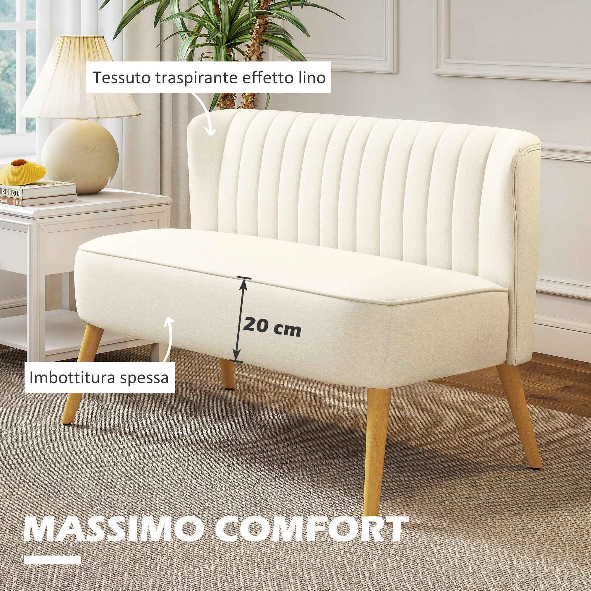 2-Seater Sofa in Linen-Effect Fabric without Armrests with Wooden Legs, 117x56.5x77 cm, Cream White