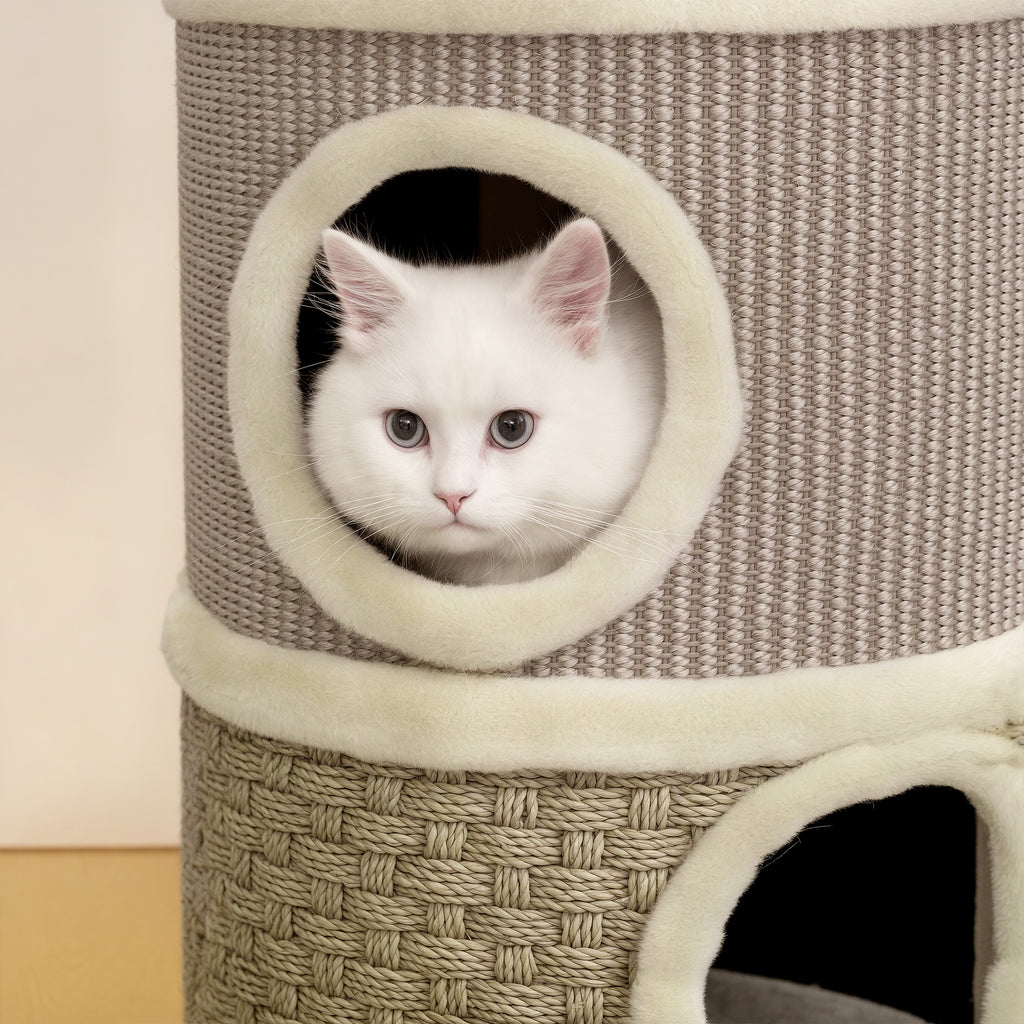 PawHut Cat Scratching Tower with 2 Nests, Sisal Rope and Seaweed, Plush Edge, Khaki