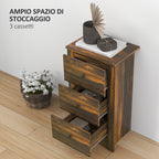 Bedside table with 3 drawers in rustic style in wood, 40x30x74 cm, Brown