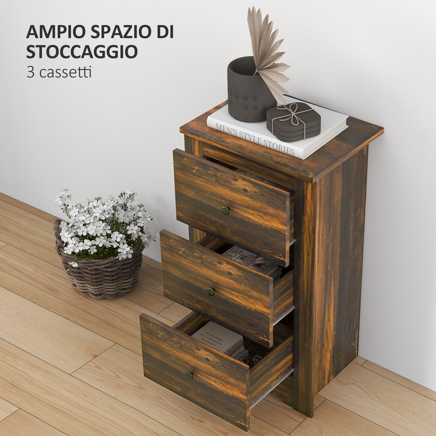 Bedside table with 3 drawers in rustic style in wood, 40x30x74 cm, Brown