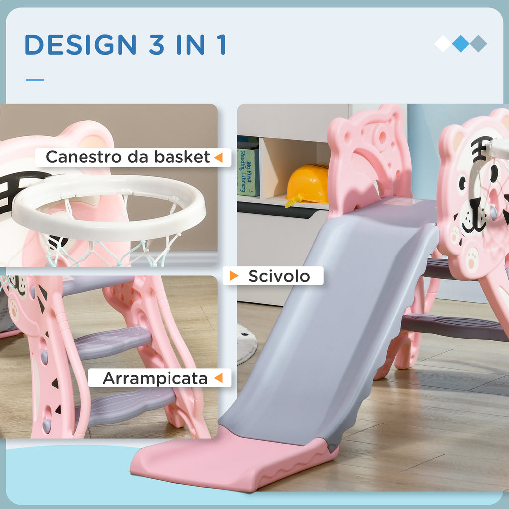 Slide for Children 18-36 Months with Side Basketball Hoop, Plastic, 133x60x70 cm, Pink and Grey