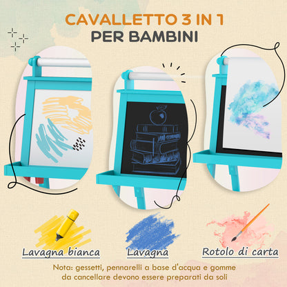 Children's Blackboard with Easel 3 in 1, Paper Roll and 2 Containers, Wooden, 59x48x118 cm, Blue