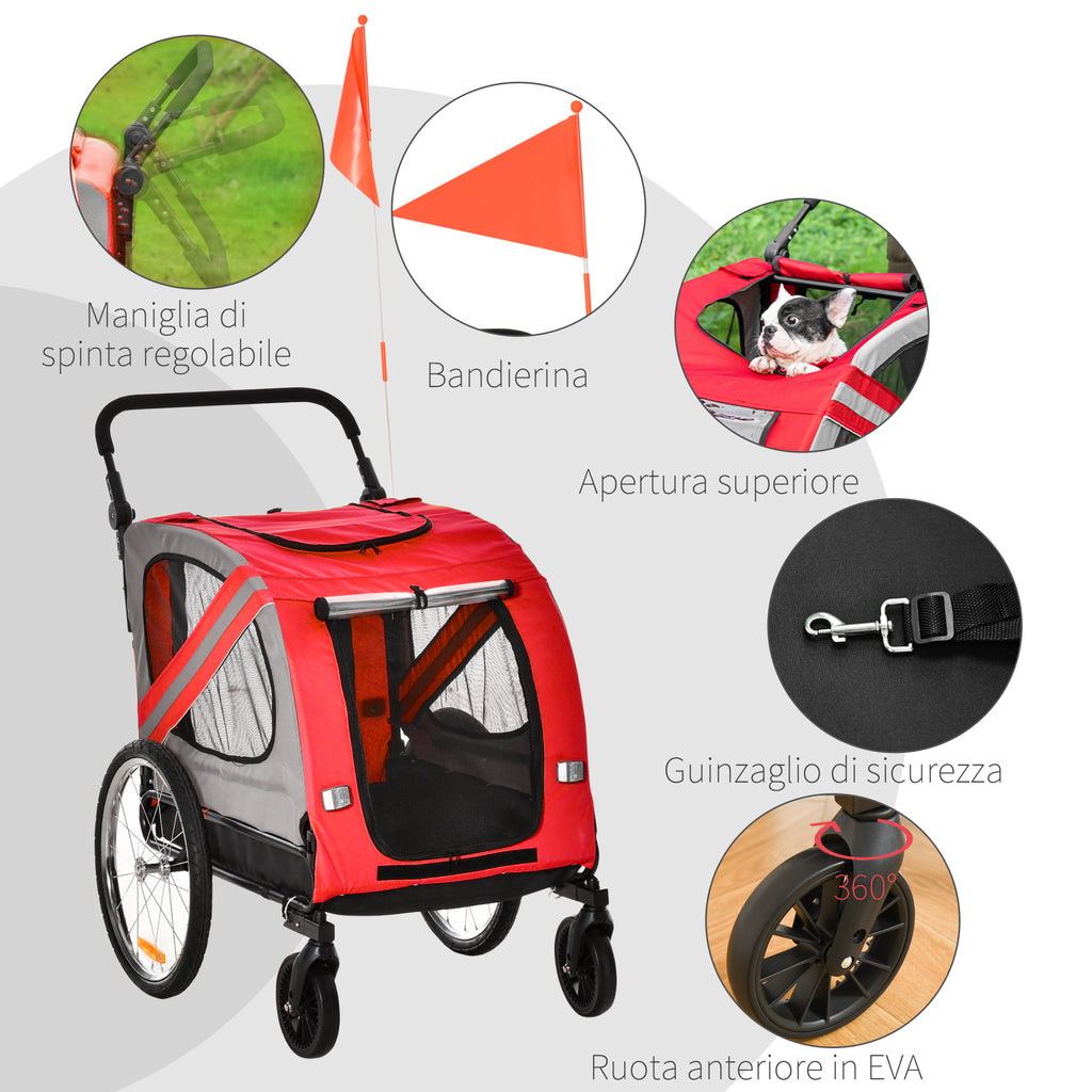 Dog Trailer with Hinged Entry, Wheels and Flag, Steel and Oxford Fabric, Red Silver Black