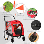 Dog Trailer with Hinged Entry, Wheels and Flag, Steel and Oxford Fabric, Red Silver Black