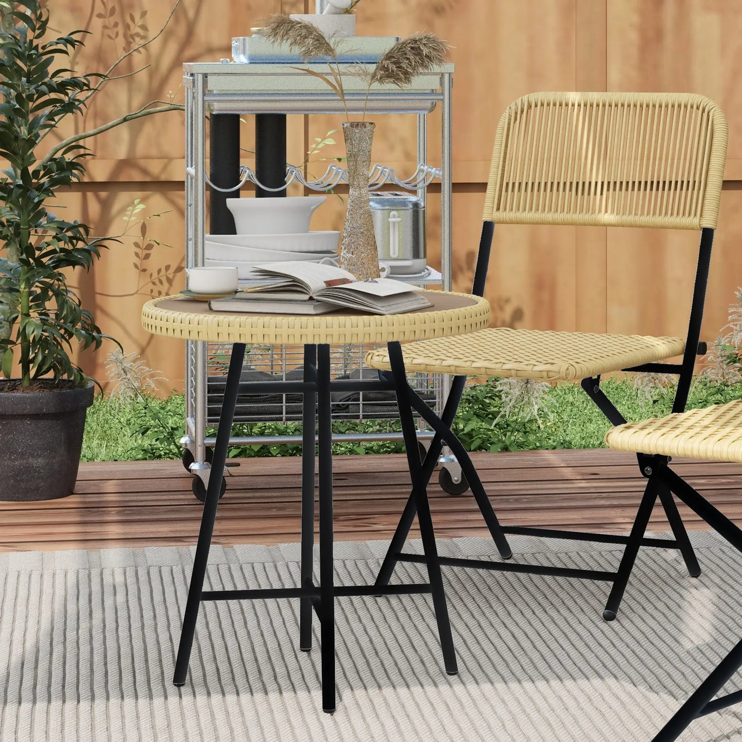 Modern Garden Table in Rattan and Steel, 50x50x55 cm, Black and Wood Color