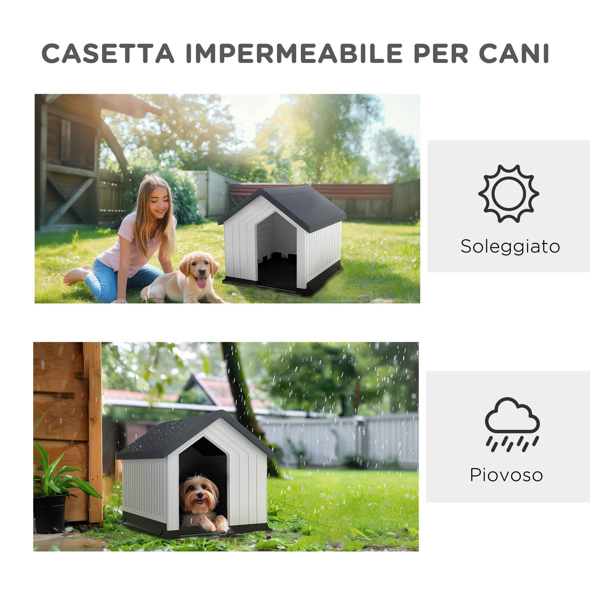PawHut Waterproof Outdoor Plastic Dog House for Small and Mini Dogs with Window, 62x61x60 cm, Grey