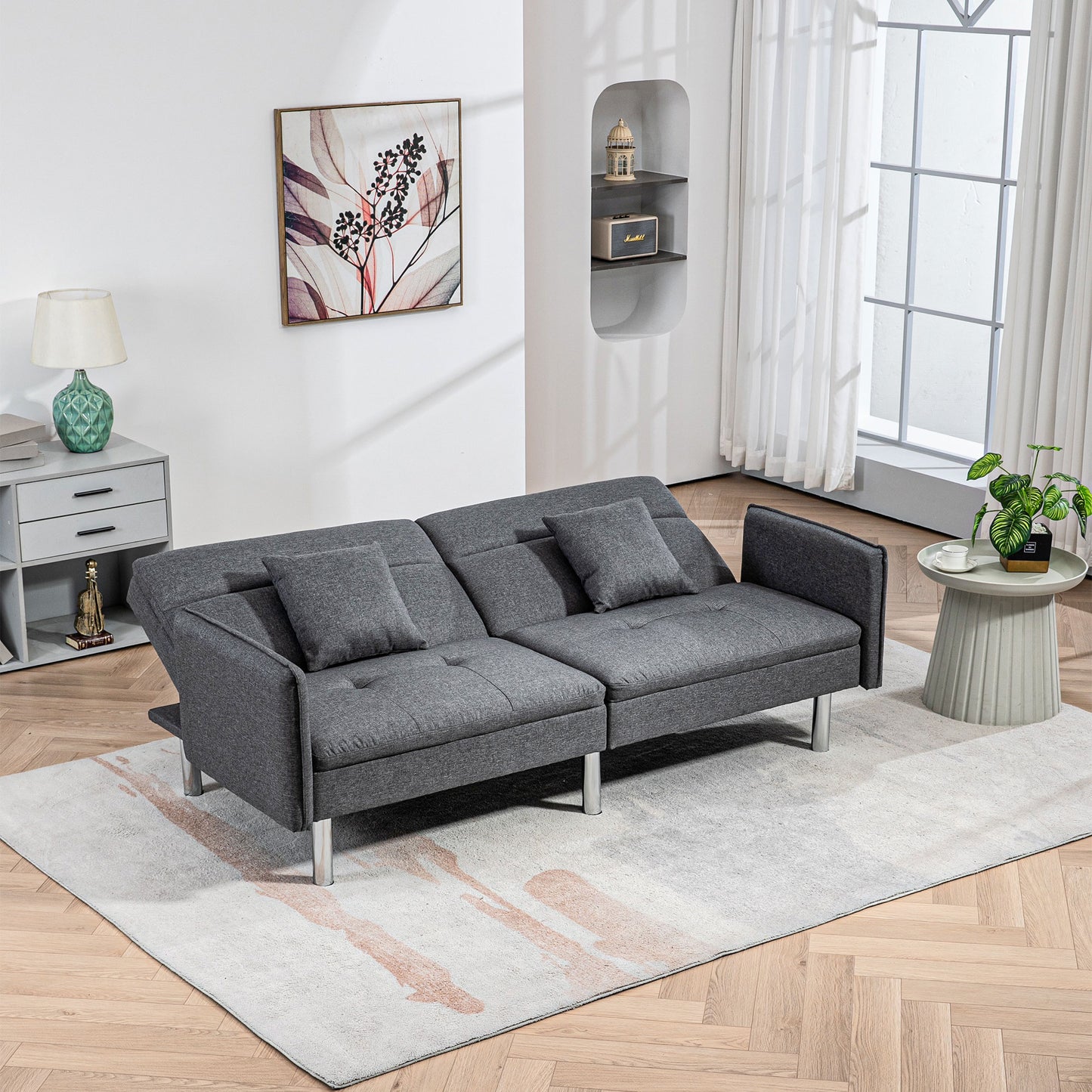 LARNACA - 3 Seater Sofa Bed with Click Clack Mechanism, Reclining Backrest and 2 Cushions, 189x91x84cm, Grey