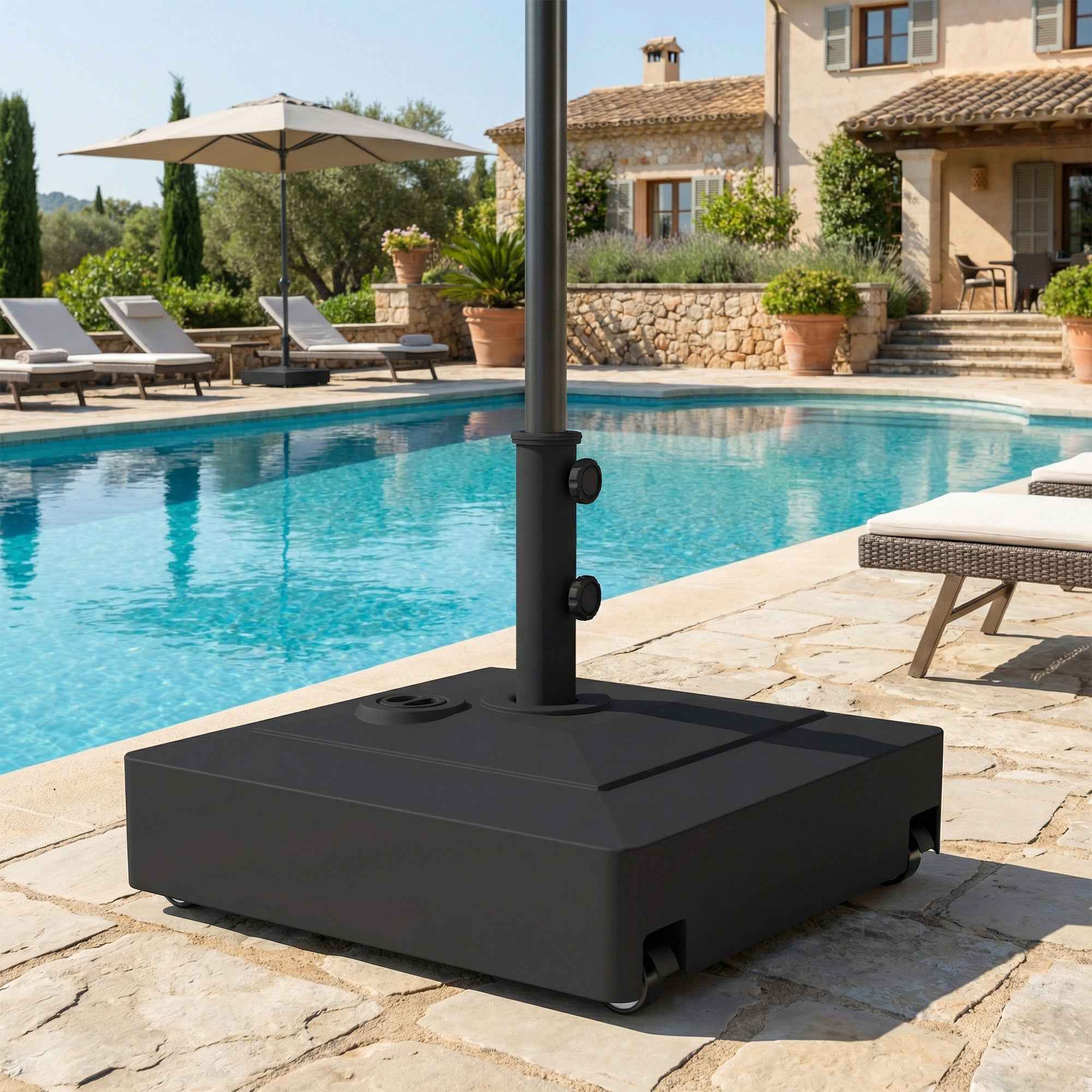 Outsunny Wheeled Umbrella Base with Brakes, Water 40kg/Sand 61kg, for Ø35/38/48mm Umbrella Poles, Black