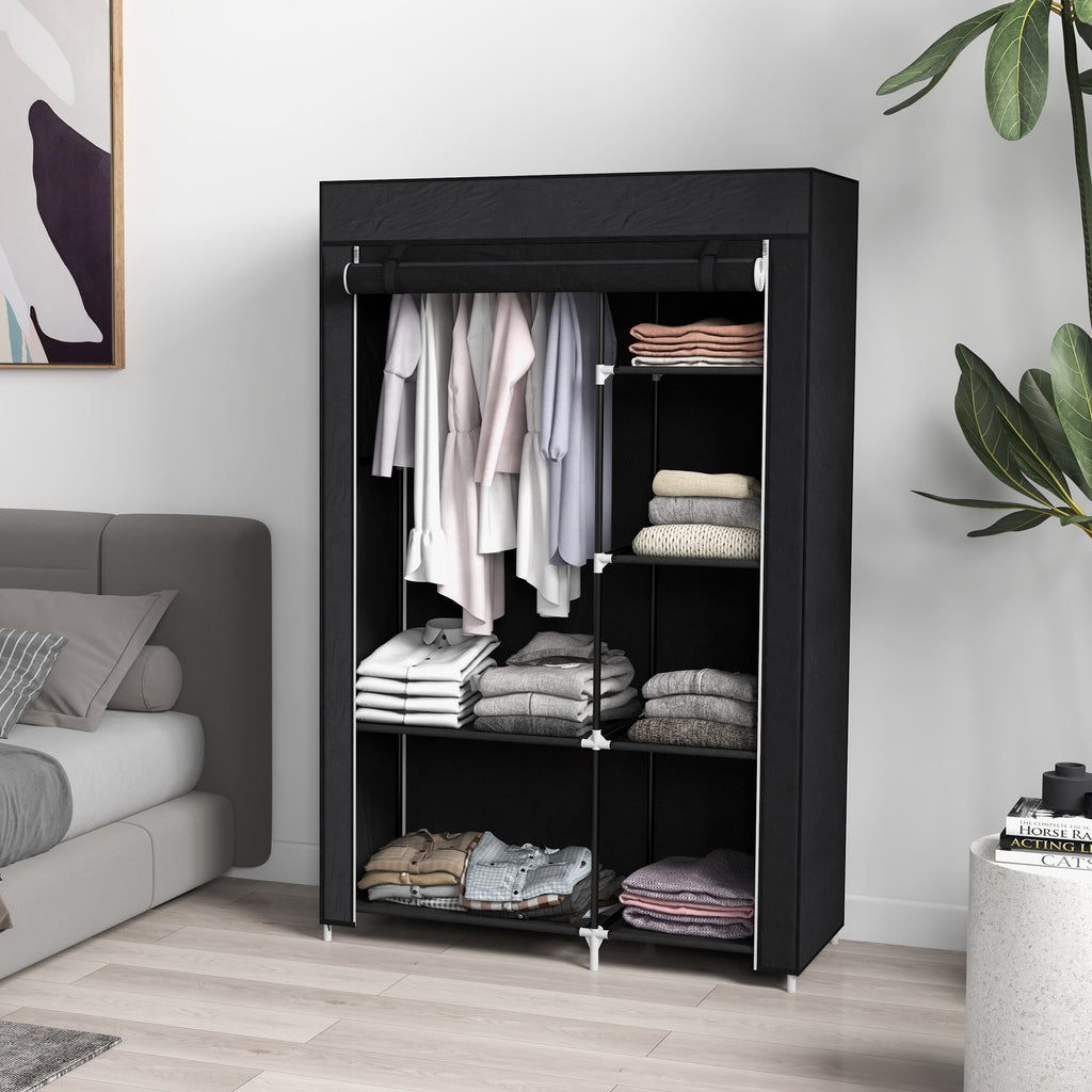 Portable Fabric Wardrobe with 6 Open Shelves and a Hanger, 103x43x162.5 cm, Black