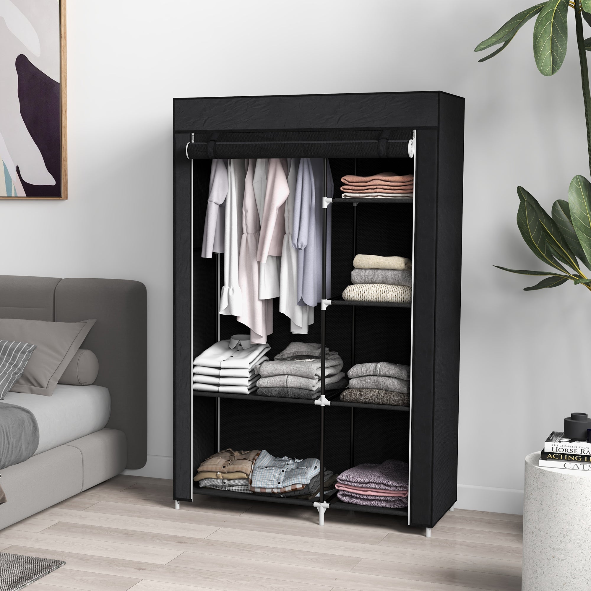 Portable Fabric Wardrobe with 6 Open Shelves and a Hanger, 103x43x162.5 cm, Black