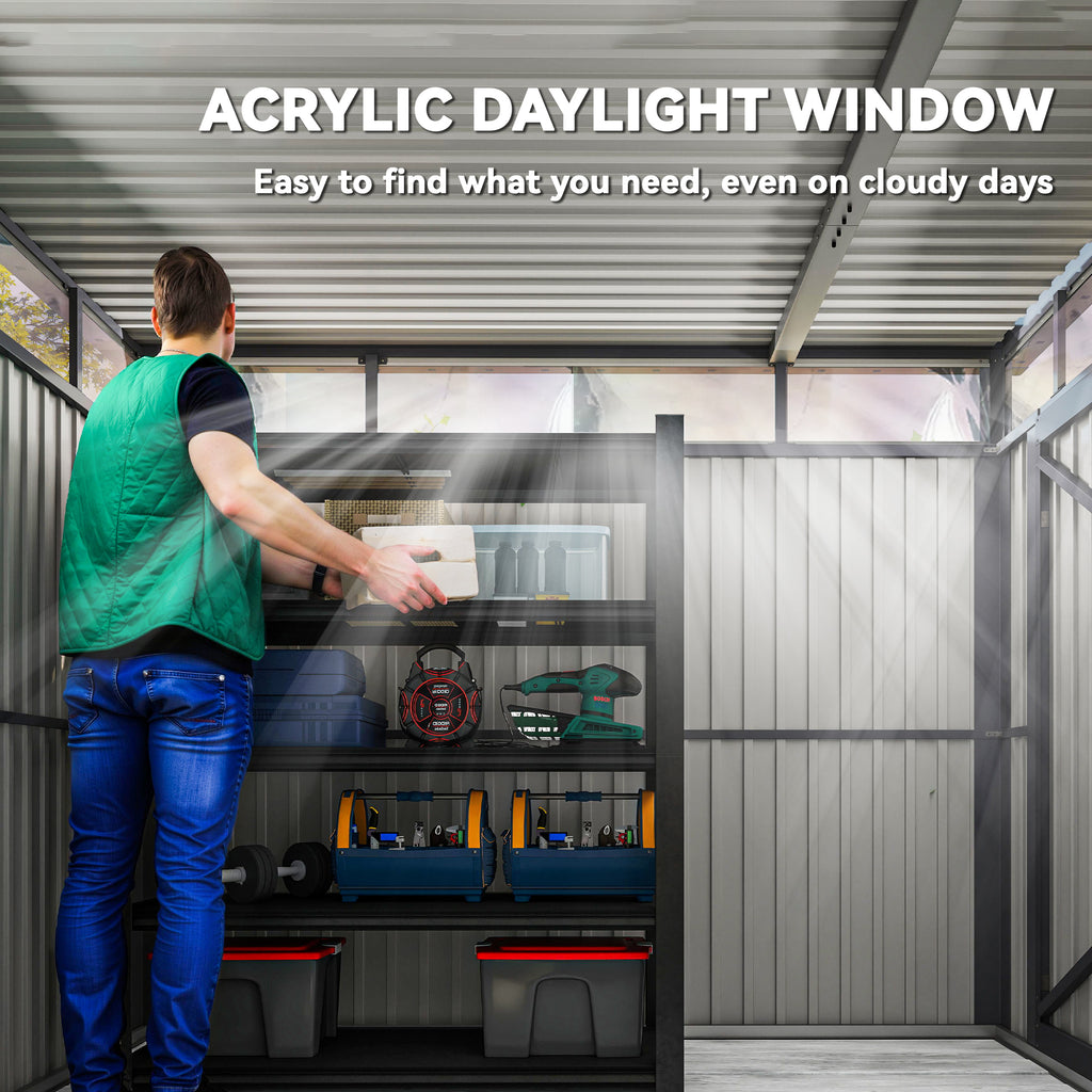 Garden Shed with Acrylic Skylight and Drainage Holes, Steel, 200x258x201 cm, Dark Gray