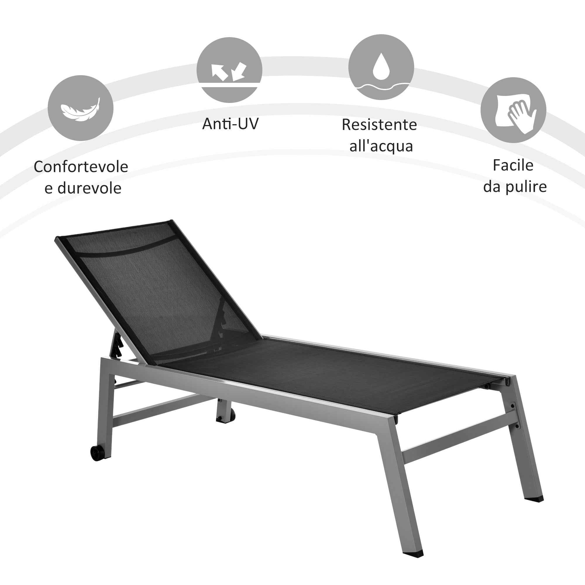 Outsunny Aluminum and Texteline Sun Lounger | Adjustable Backrest, Black and Gray, 2 Wheels | 169 x 65 x 102 cm