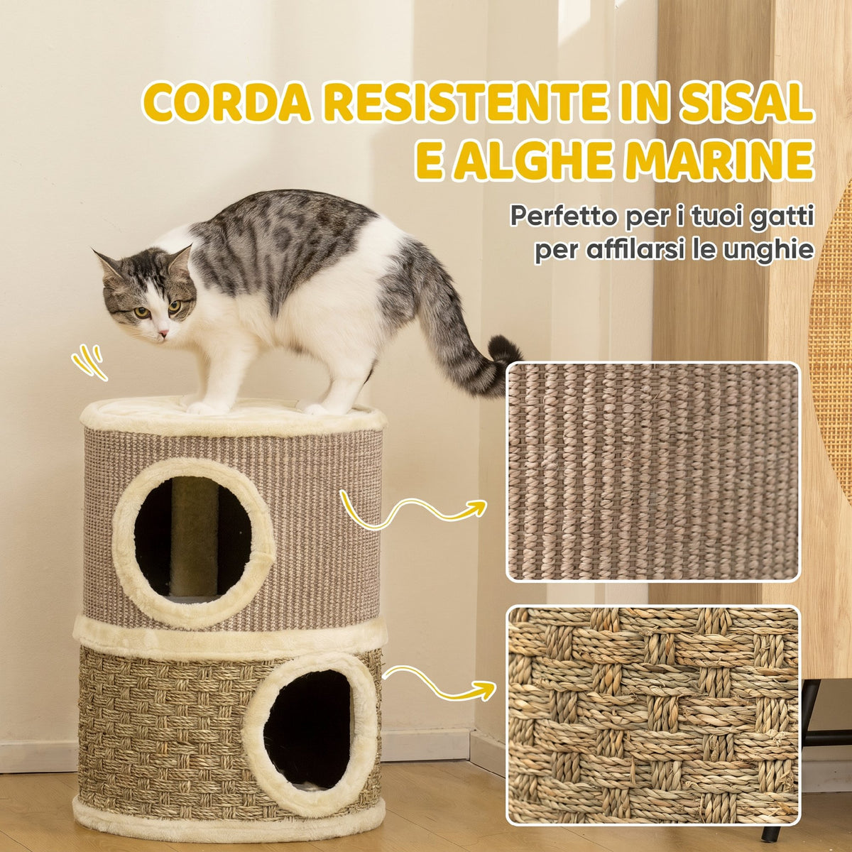 PawHut Cat Scratching Tower with 2 Nests, Sisal Rope and Seaweed, Plush Edge, Khaki