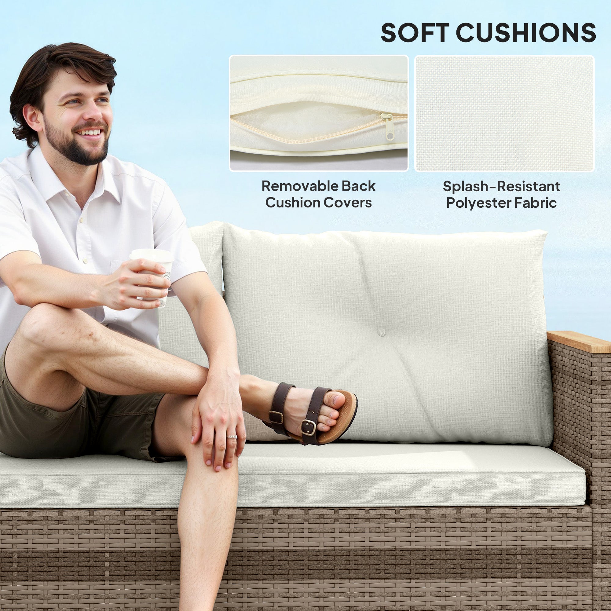 PE Rattan Garden Lounge with 2-Seater Sofa, Chaise Longue and Coffee Table, Cream