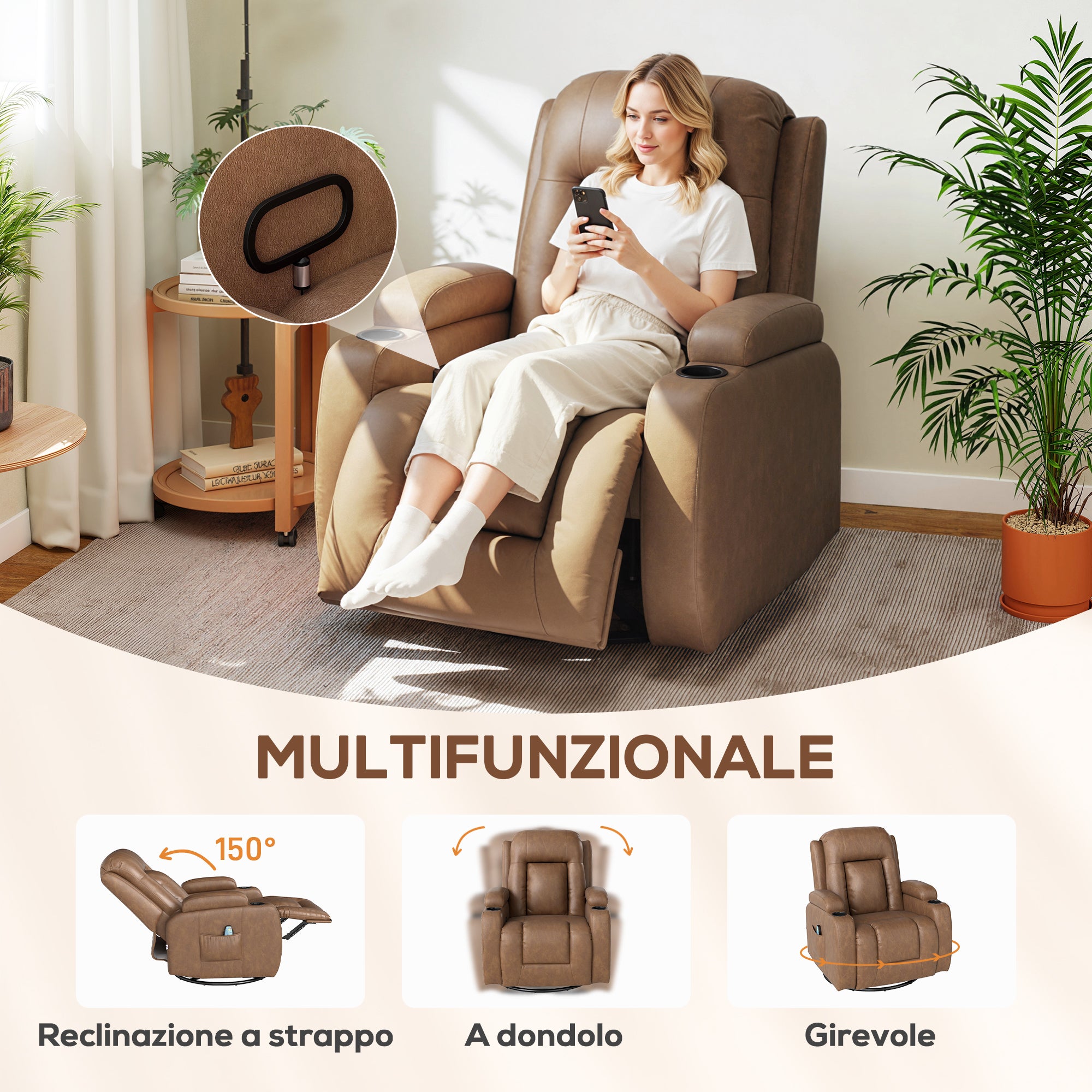 Reclining Massage Chair with Heated Faux Leather and 8 Massage Points, Brown